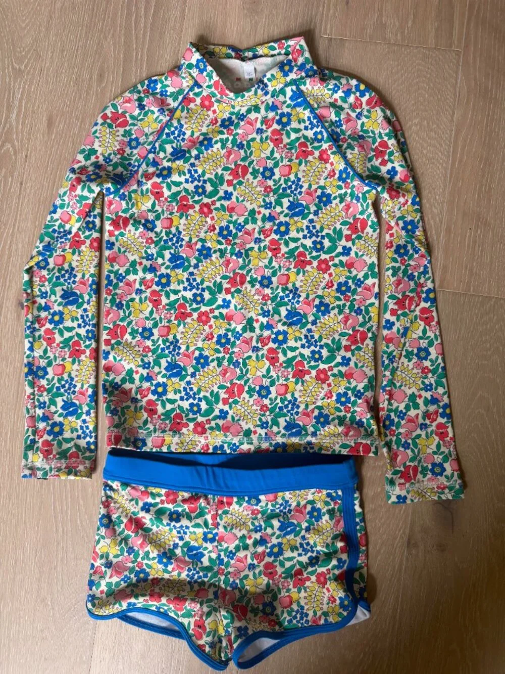 Mini Boden Floral Long Sleeve Rash Guard Set Swimwear Beach Blue Yellow - 7-8Y